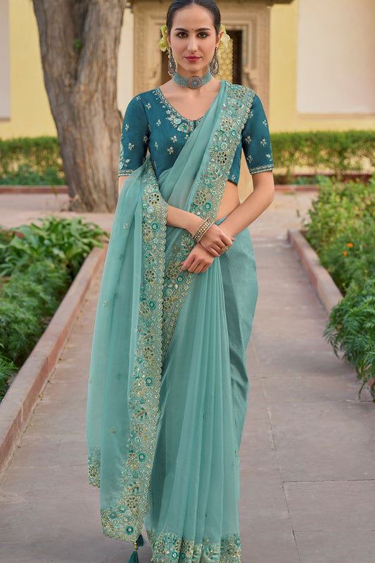Wedding Wear Saree Beautiful Sky Blue Designer Silk Embroidery Work Sari