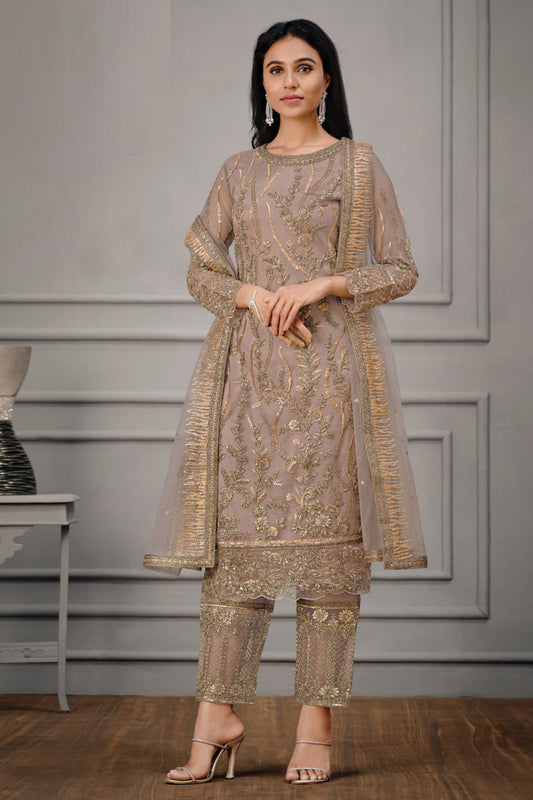 Ready-to-Wear Luxury Heavy Embroidered Net Top & Satin Bottom Suit