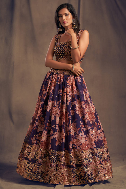 Organza Fabric Designer Lehenga Choli Flower Printed Choli With Stitched Blouse