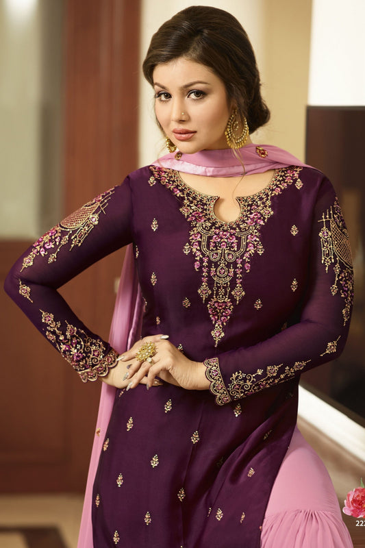 Wine Color Embroidery Work Beautiful Sharara Plazzo Dress For Wedding