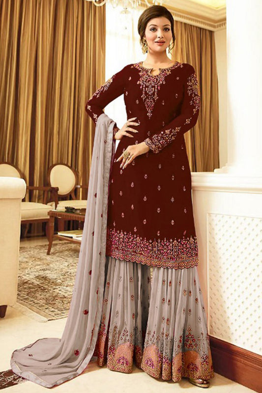 Wine Color Embroidery Work Beautiful Sharara Plazzo Dress For Wedding