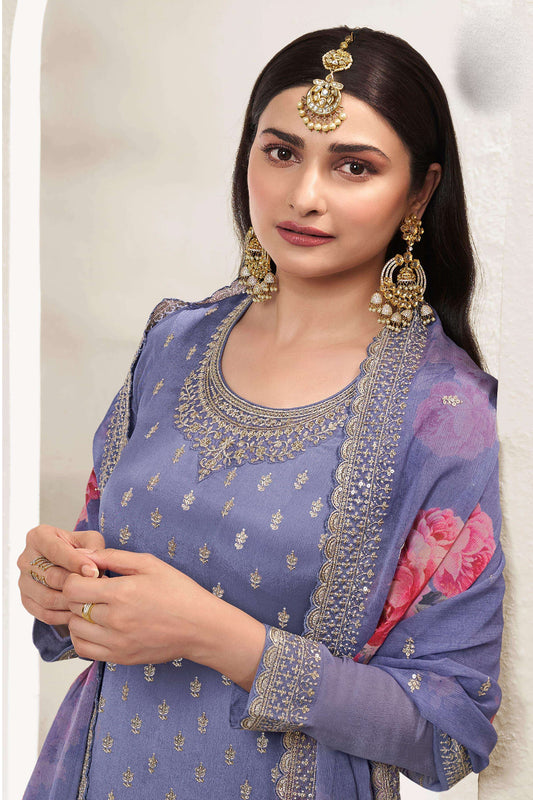 Designer Embroidery Work Salwar Kameez Plazzo Suit With Print Dupatta