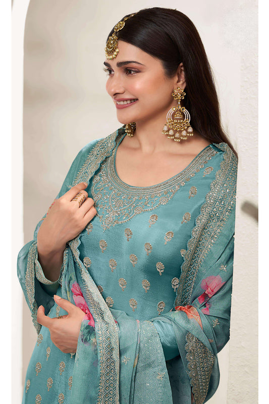 Designer Embroidery Work Salwar Kameez Plazzo Suit With Print Dupatta