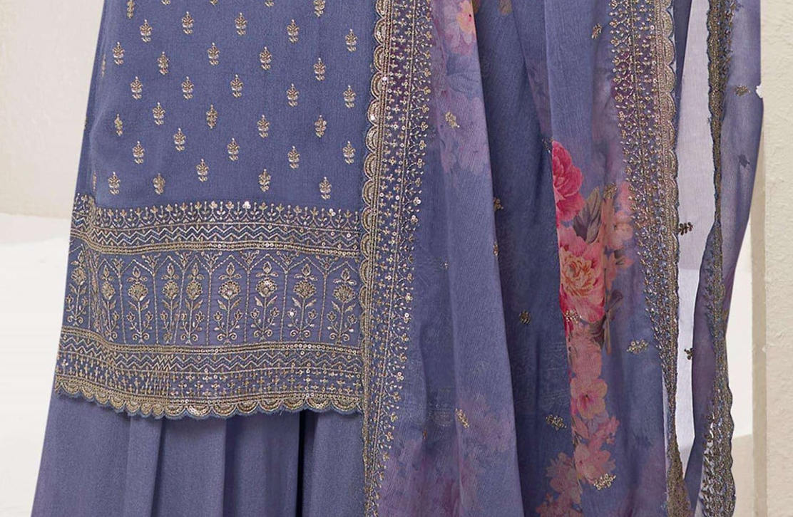 Designer Embroidery Work Salwar Kameez Plazzo Suit With Print Dupatta
