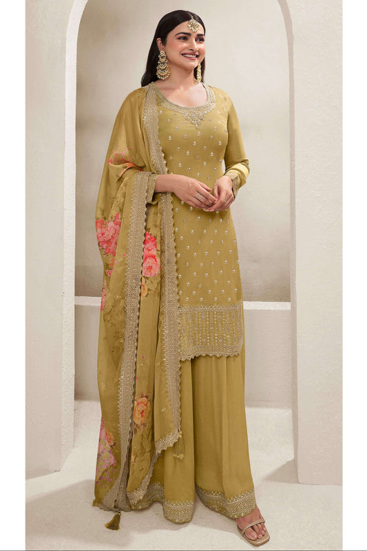 Designer Embroidery Work Salwar Kameez Plazzo Suit With Print Dupatta