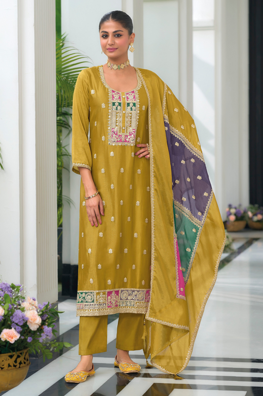 Luxury Shalwar Kameez Pant Suit with Heavy Chinon Top & Embroidered Silk Bottom