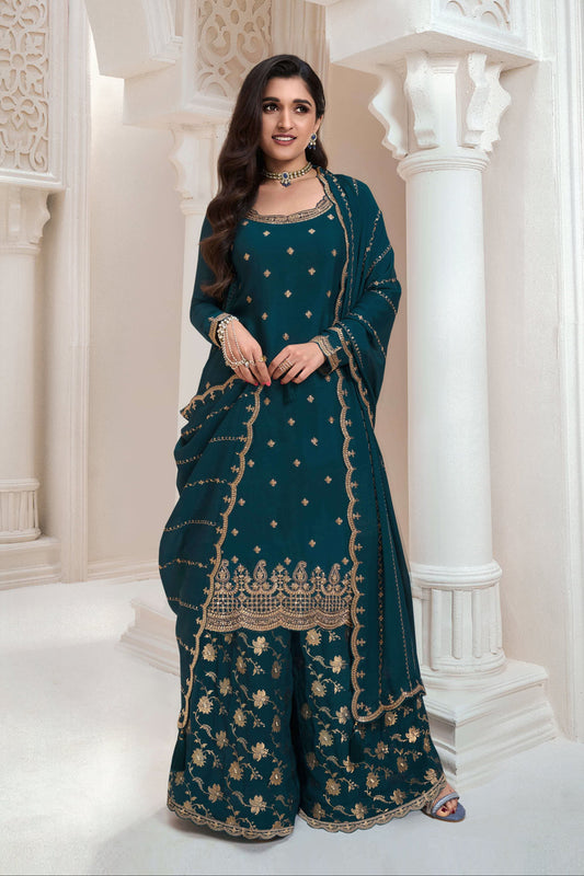 Attractive Designer Embroidery Chinon Fabric Salwar Kameez Plazzo Suit