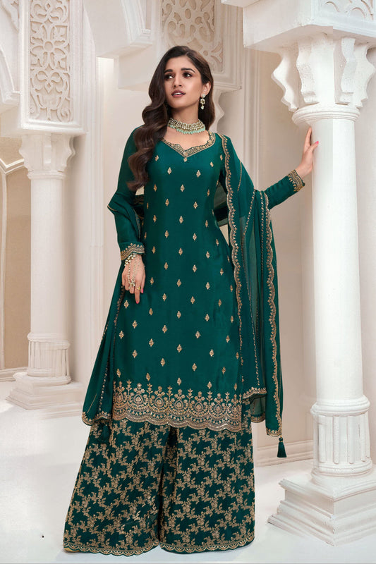 Attractive Designer Embroidery Chinon Fabric Salwar Kameez Plazzo Suit