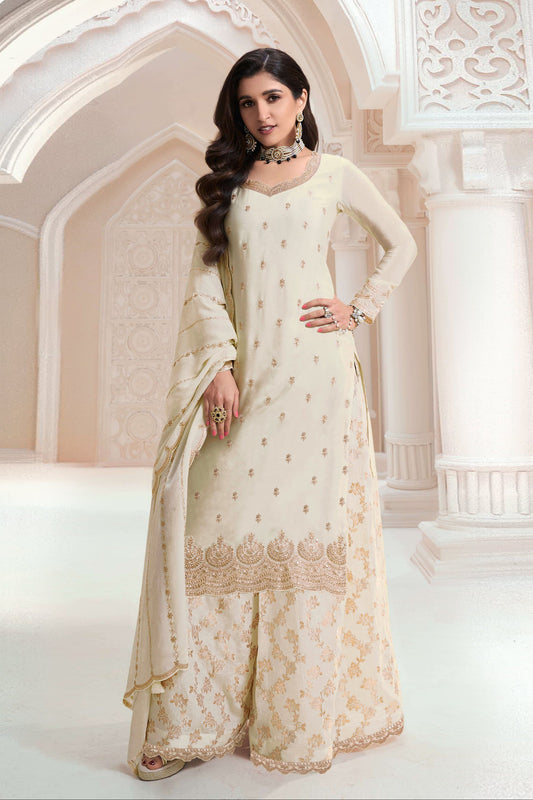 Attractive Designer Embroidery Chinon Fabric Salwar Kameez Plazzo Suit