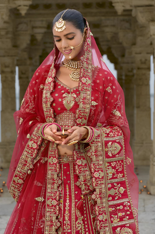 Red Color Raw Silk Bridal Wedding Lehenga with Heavy Net Dupatta USA