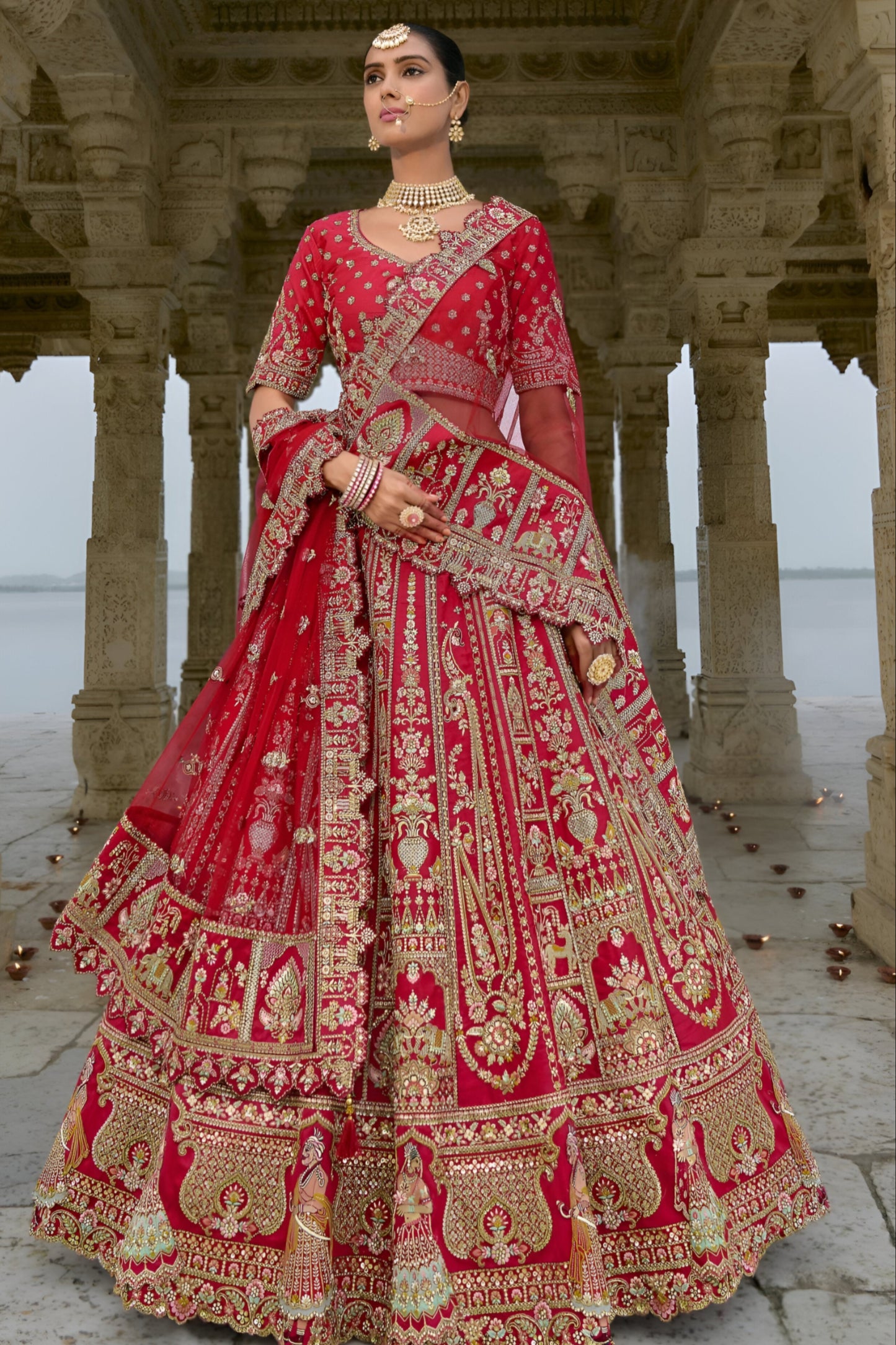 Red Color Raw Silk Bridal Wedding Lehenga with Heavy Net Dupatta USA