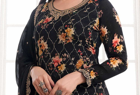 Black Color Eid Ramadan Wear Stylish Salwar Kameez Plazzo Dupatta Suit