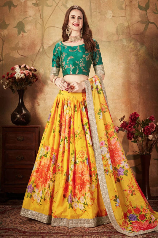 Awesome Yellow Color Designer Printed Embroidery Work Lehenga Blouse