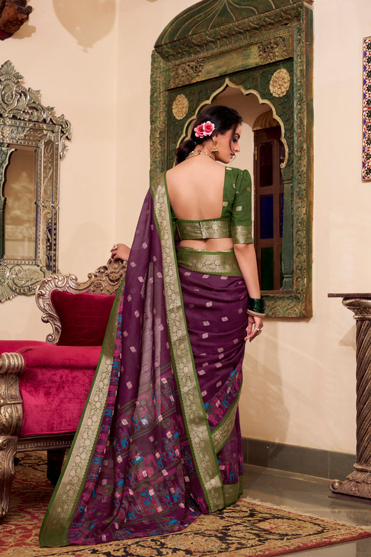 Indian Traditional Wine Color Designer Satin Work Party Wear Saree With Green Blouse