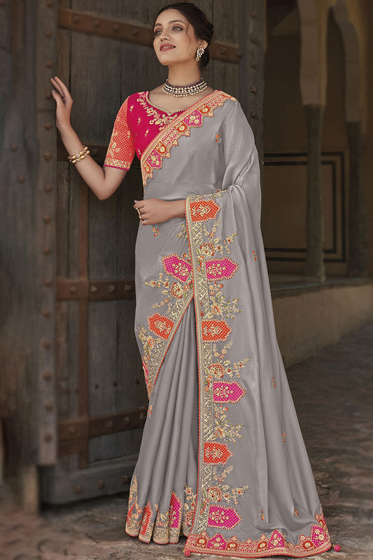Stunning Gray Color Fancy Silk Fabric Patch Work Festival Wear Saree