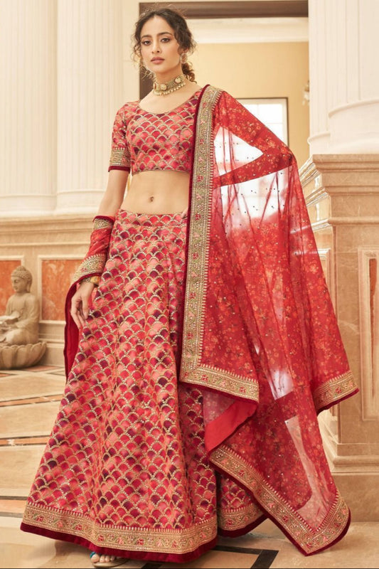 Incredible Red Color Wedding Reception Wear Lehenga Choli with Dupatta
