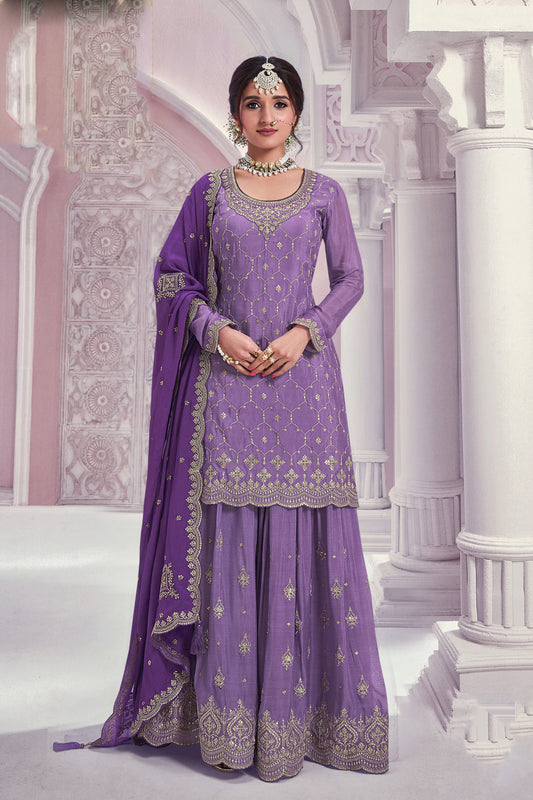 Traditional Designer Chinon With Embroidery Work Salwar Kameez Sharara