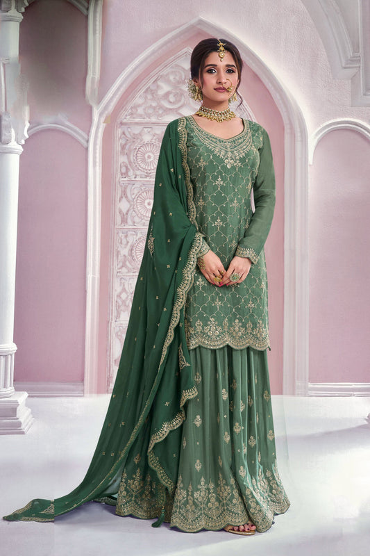Traditional Designer Chinon With Embroidery Work Salwar Kameez Sharara