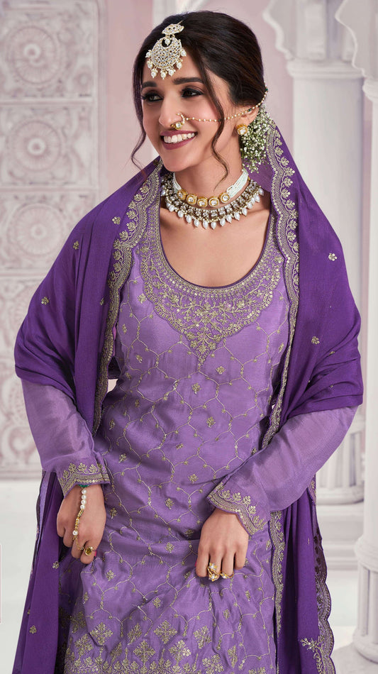 Traditional Designer Chinon With Embroidery Work Salwar Kameez Sharara