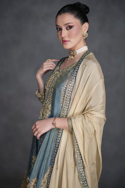 Designer Simar Organza Silk Shalwar Kameez Set with Embroidered Chinon Silk Dupatta