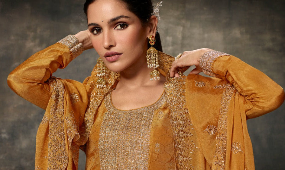 Beautiful Designer Coding Embroidery Work & Dola Silk Salwar Kameez Pant Suits
