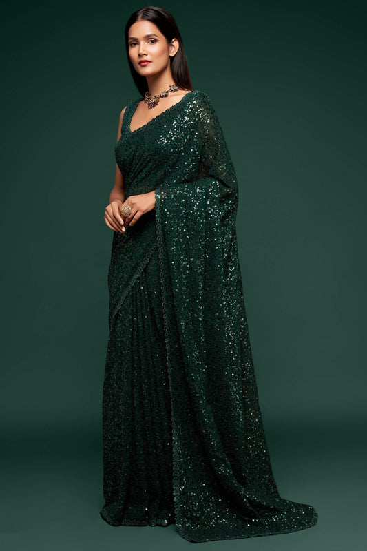Green Color Designer Party Wear Georgette Saree With Stitched Blouse