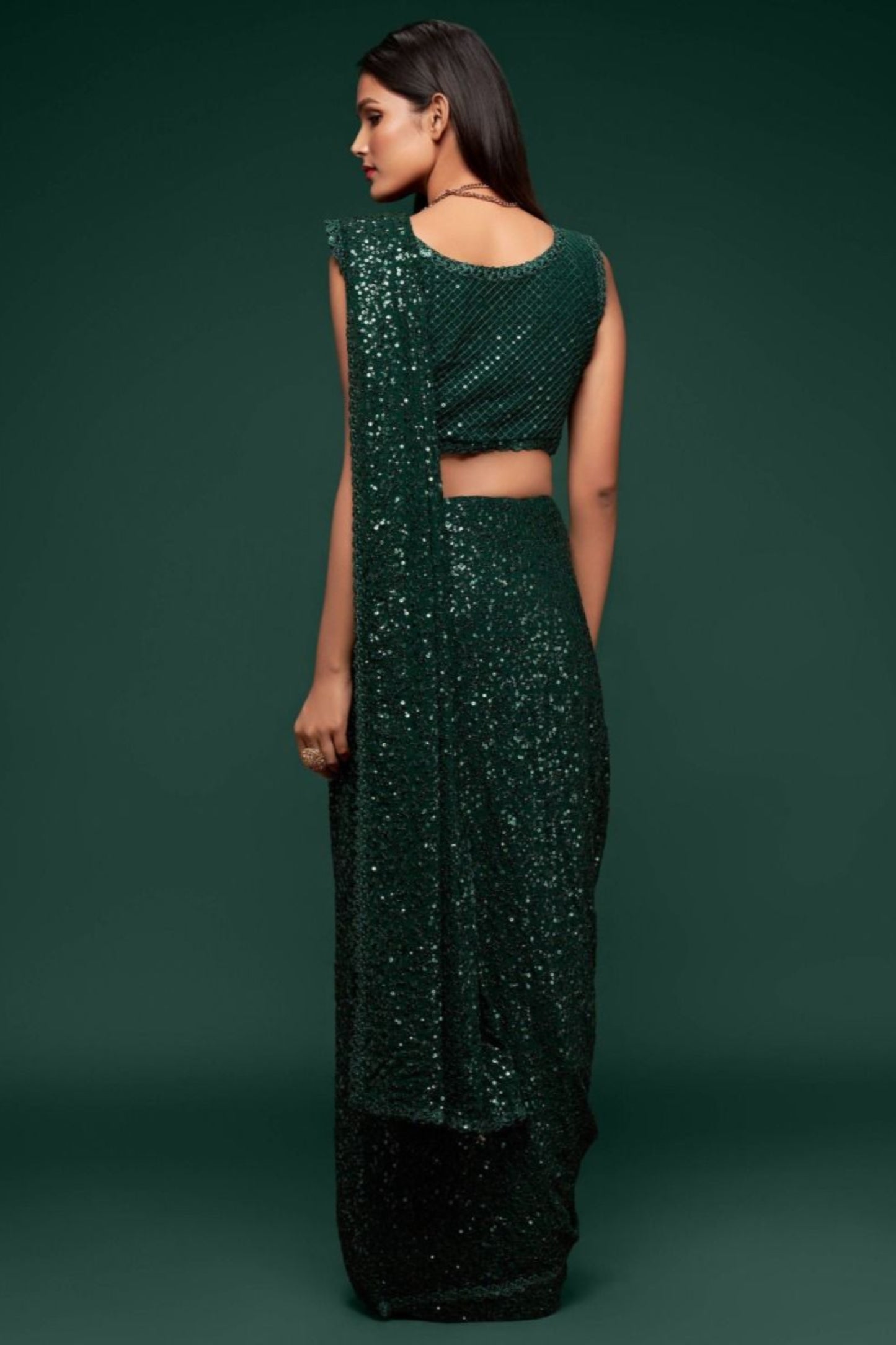 Green Color Designer Party Wear Georgette Saree With Stitched Blouse
