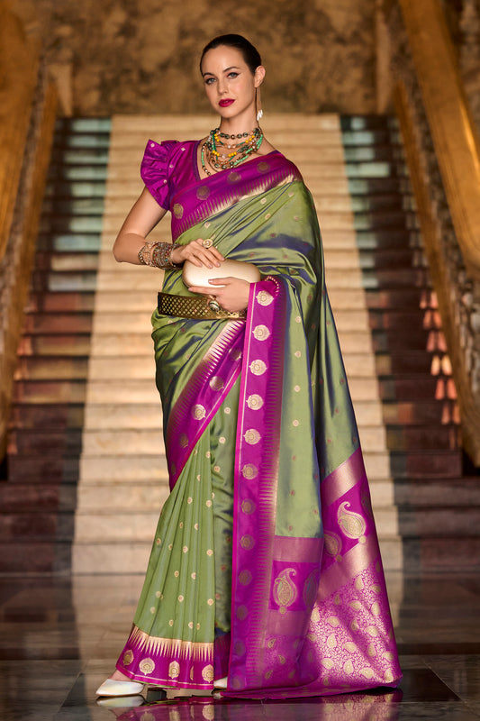 Heavy Stitched Blouse Saree Green Color Silk Indian Wedding Party Wear Sari