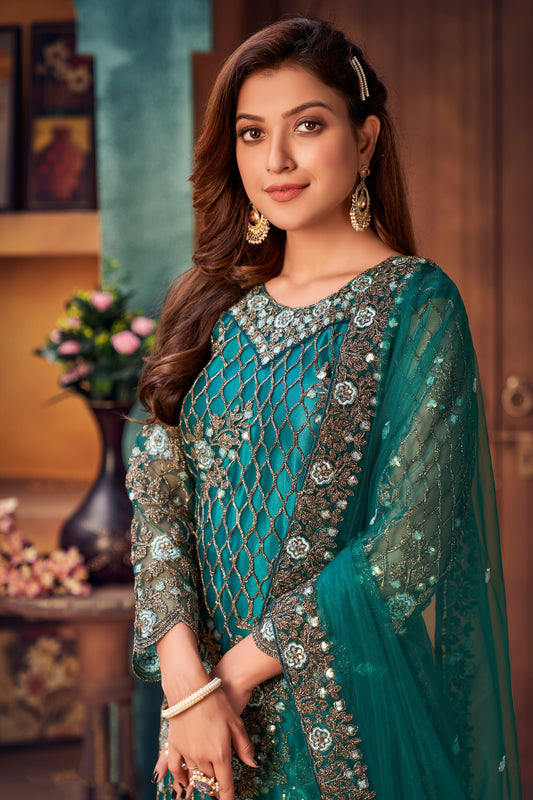 Heavy Embroidered Net Fabric Sophisticated Trouser Pant Suit With Satin Dupatta