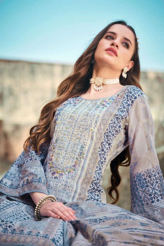 Cotton Shalwar Kameez Suit Embroidery Work & Mal Mal Printed Dupatta
