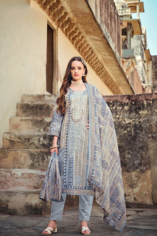 Cotton Shalwar Kameez Suit Embroidery Work & Mal Mal Printed Dupatta