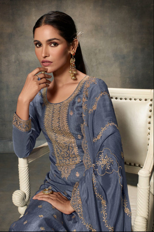 Beautiful Designer Coding Embroidery Work & Dola Silk Salwar Kameez Pant Suits