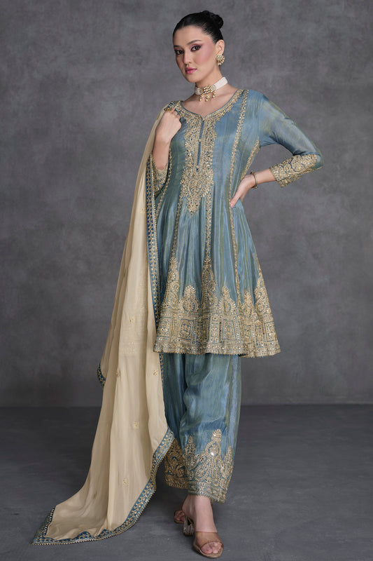 Designer Simar Organza Silk Shalwar Kameez Set with Embroidered Chinon Silk Dupatta