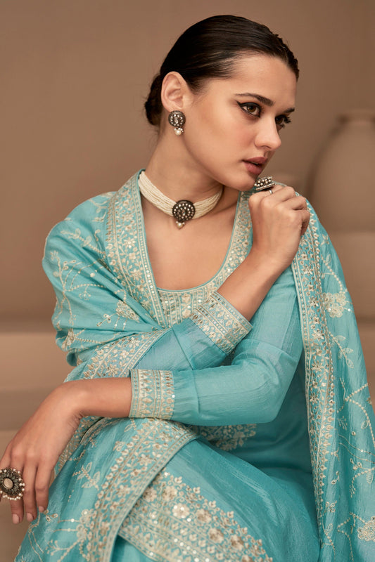 Stylish Chinon Silk & Embroidered Salwar Kameez Pant Suit For Pakistani Eid outfits USA