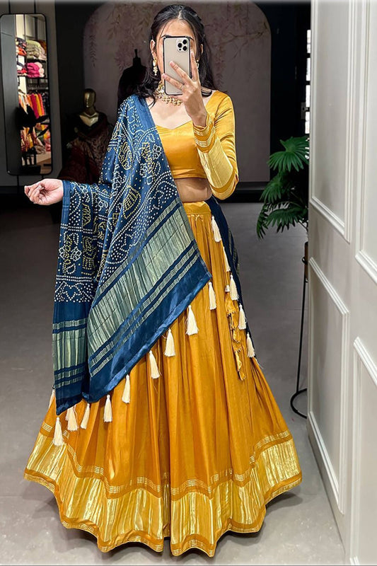 Indian Haldi Wear Yellow Color Lengha Choli With Bandhani Dupatta Set