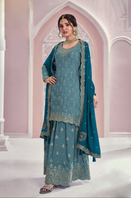 Indian Ethnic Wear Chinon With Embroidery Work Salwar Kameez Sharara