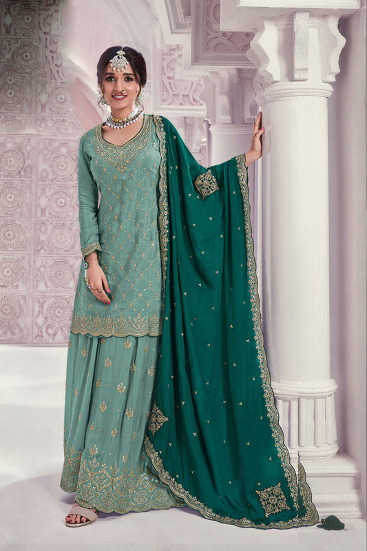 Indian Ethnic Wear Chinon With Embroidery Work Salwar Kameez Sharara