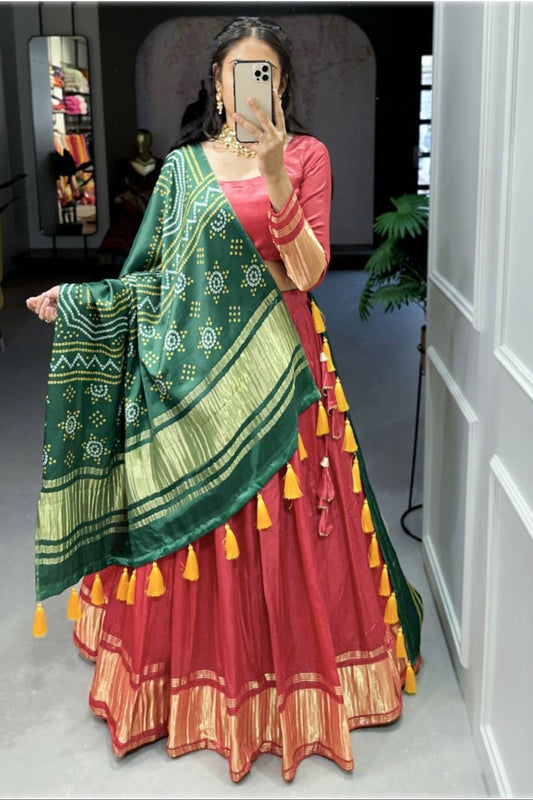 Red Color Gaji Silk Lehenga Choli With Bandhani Dupatta for USA Women