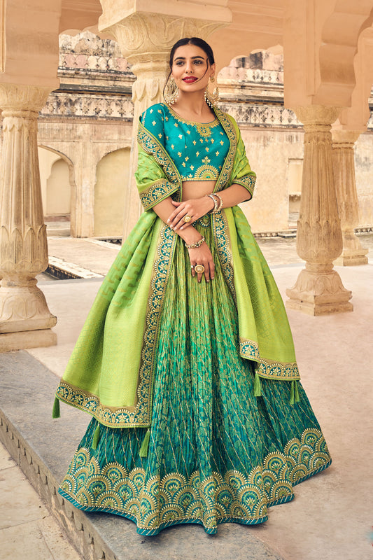 Punjabi Sangeet Function Wear Banarasi Silk Lengha Choli With Dupatta