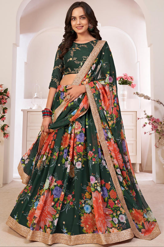 Green Color Printed Work Sangeet Function Wear Georgette Lengha Choli