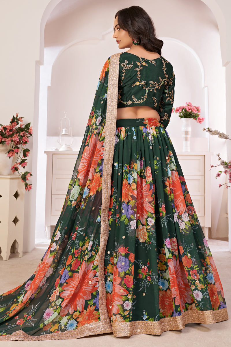 Green Color Printed Work Sangeet Function Wear Georgette Lengha Choli