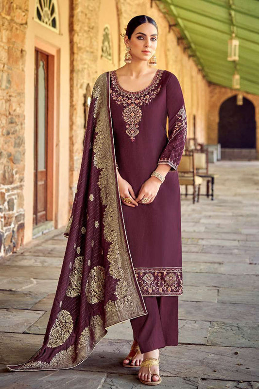 Unique Salwar Kameez Pant Suit's Handwork Fabric With Jacquard Dupatta