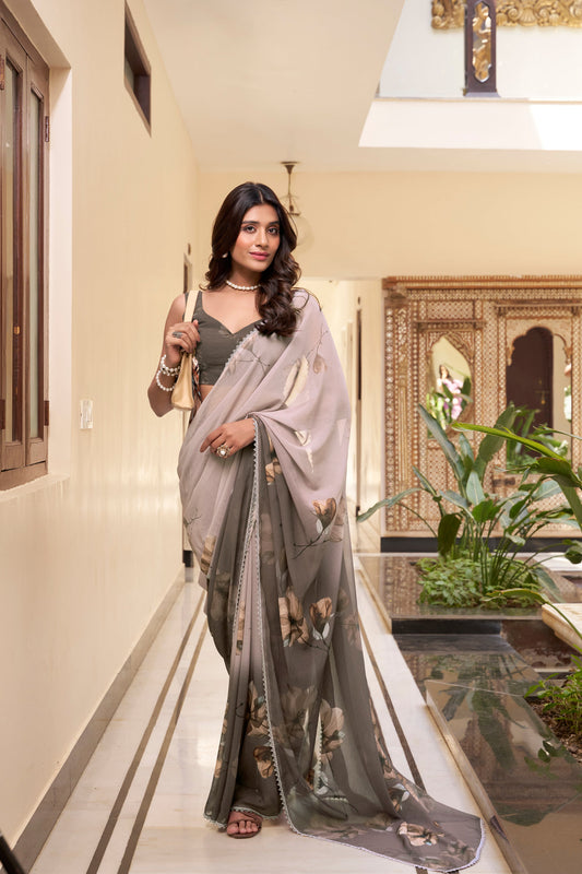 Plus Size With Quick USA delivery Bollywood Stylish Gray Color Printed Work Summer Festival Wear Saree