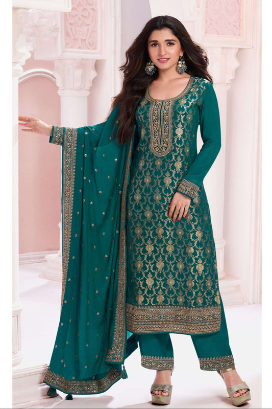 Jacquard Designer Elegant Salwar Kameez With Lace Embroidery and Santoon Bottom