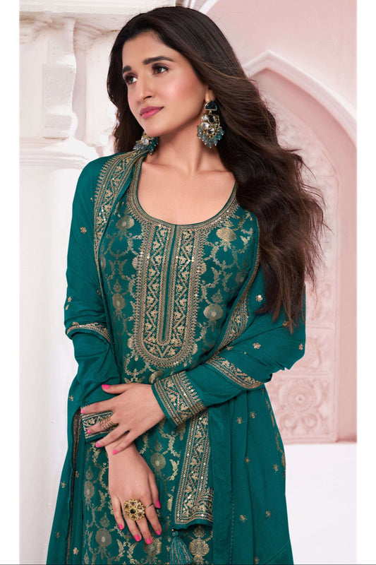 Jacquard Designer Elegant Salwar Kameez With Lace Embroidery and Santoon Bottom