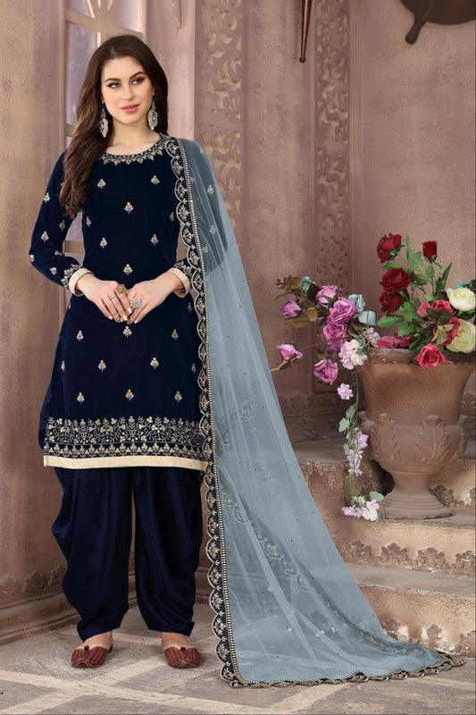 Designer Velvet Punjabi Patiyala Dupatta Dress Modern Desi Outfit USA