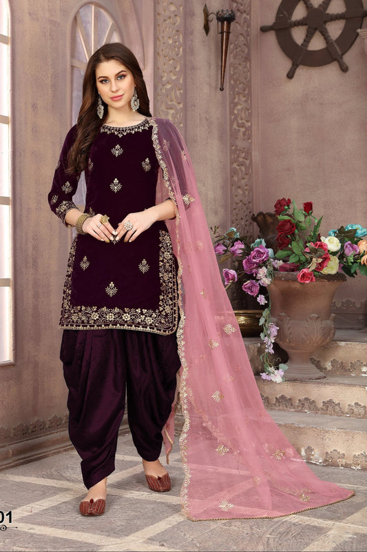 Designer Velvet Punjabi Patiyala Dupatta Dress Modern Desi Outfit USA