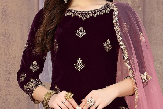 Designer Velvet Punjabi Patiyala Dupatta Dress Modern Desi Outfit USA