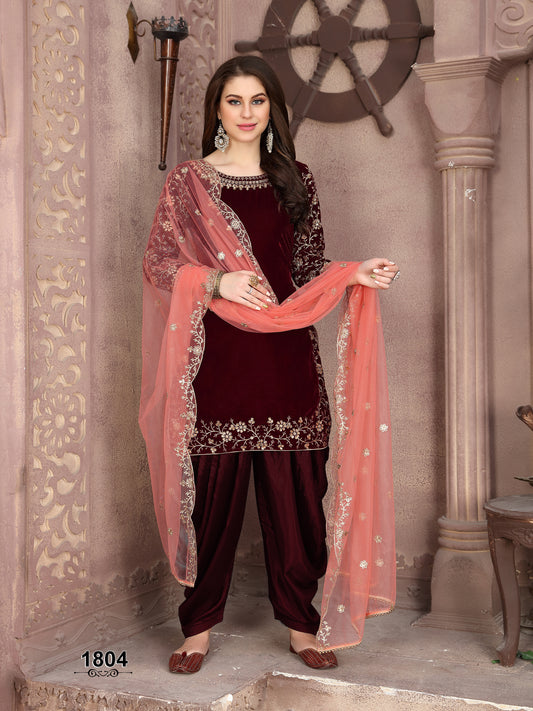 Designer Velvet Punjabi Patiyala Dupatta Dress Modern Desi Outfit USA