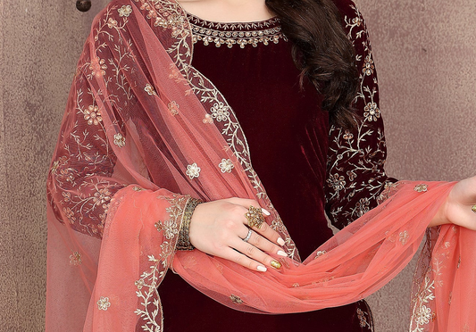 Designer Velvet Punjabi Patiyala Dupatta Dress Modern Desi Outfit USA